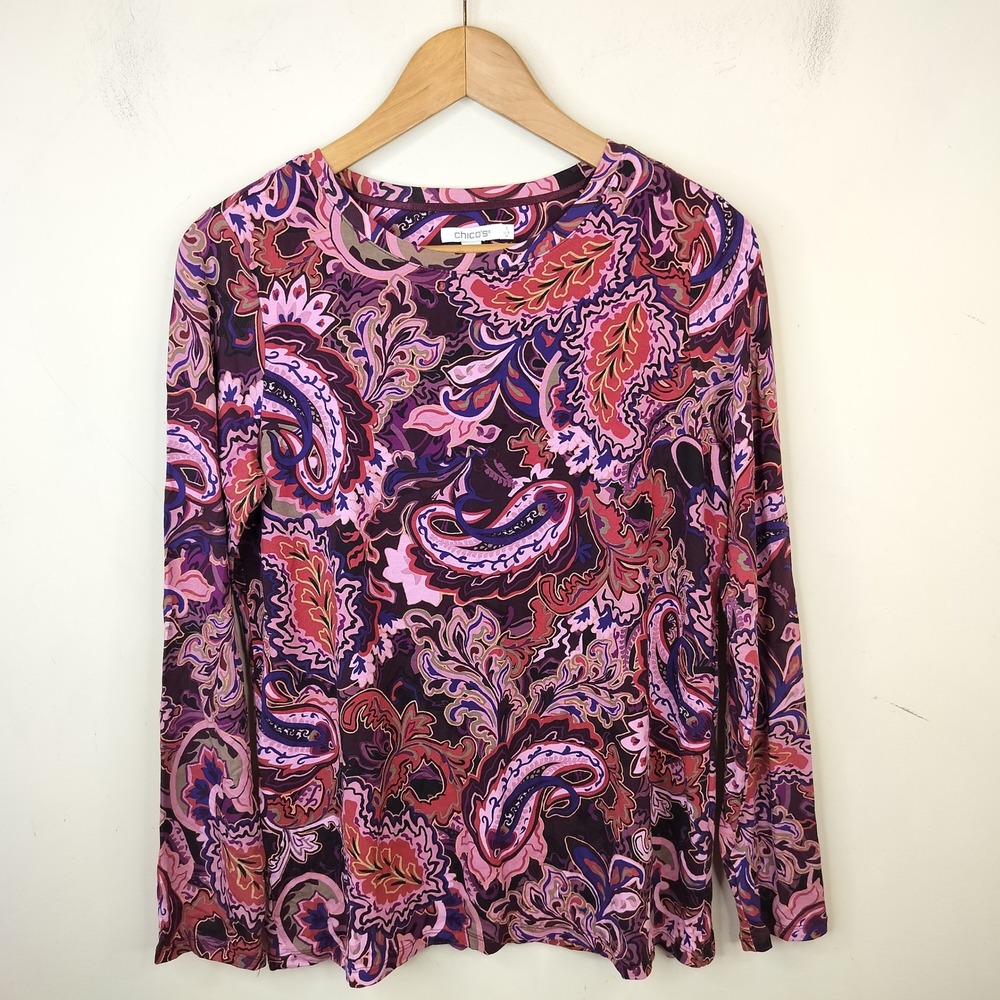 Chico's Paisley Long Sleeve Top 1 / Medium Stretch Crew Neck Purple